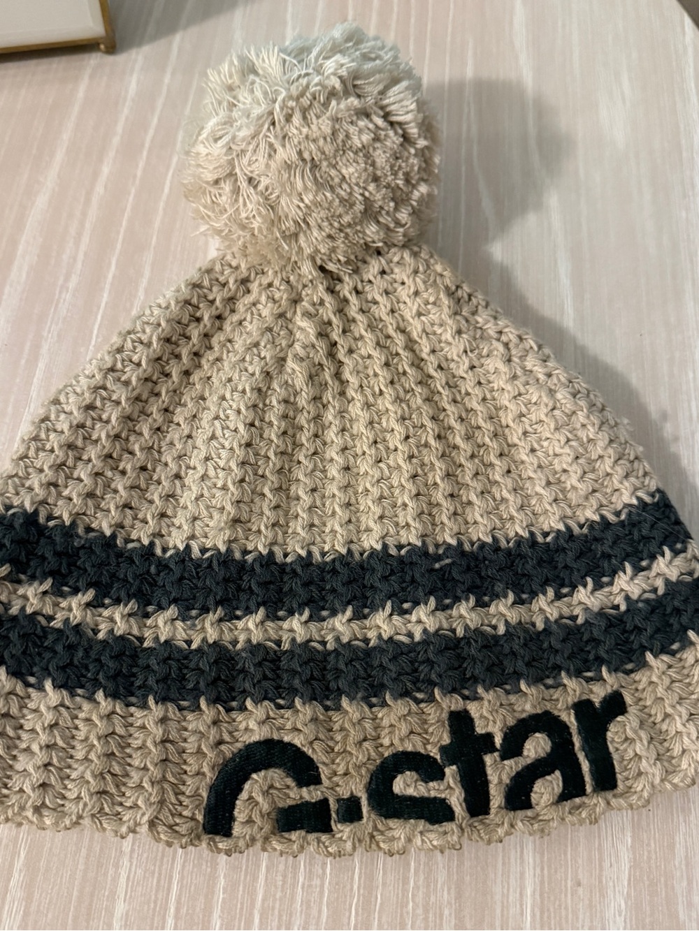 G-Star Beige Knit Pom Beanie with Green Stripe Accents